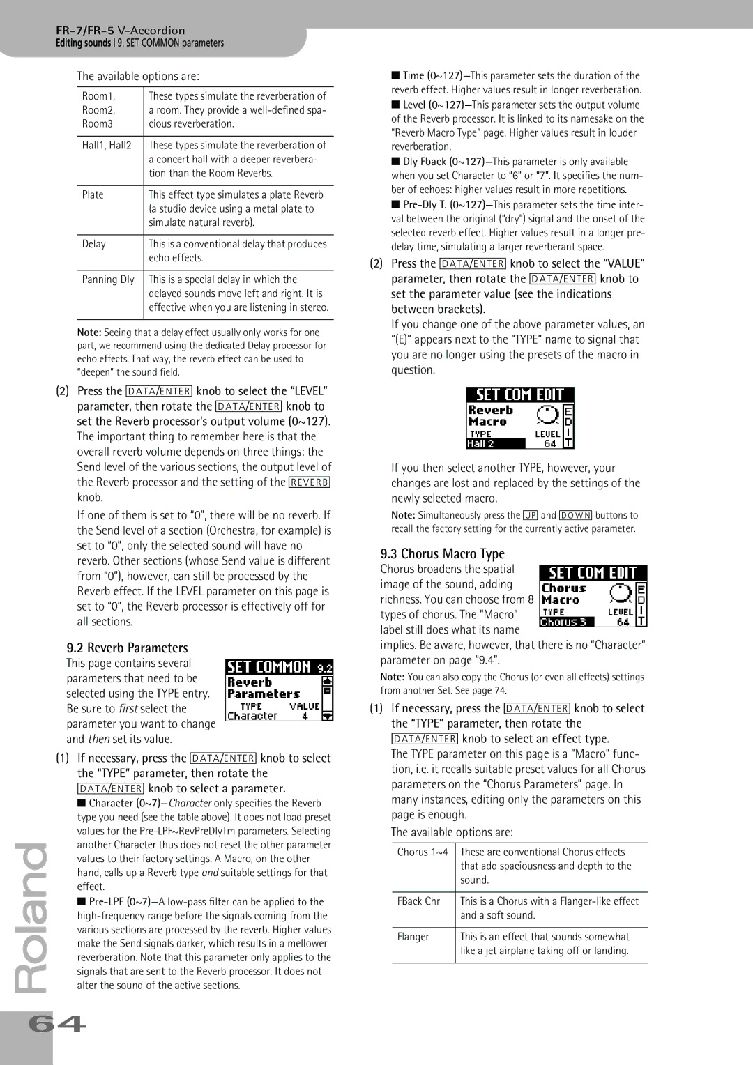 Roland FR-7, FR-5 owner manual Reverb Parameters, Chorus Macro Type, Available options are 