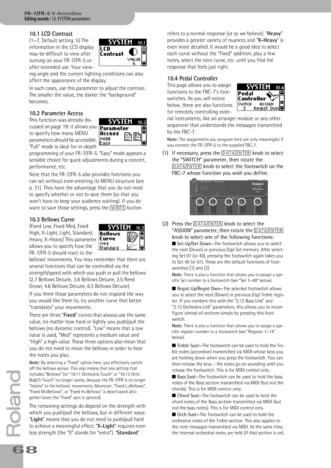 Roland owner manual LCD Contrast, Pedal Controller, FR-7/FR-5V-Accordion Editing sounds 10. System parameters 