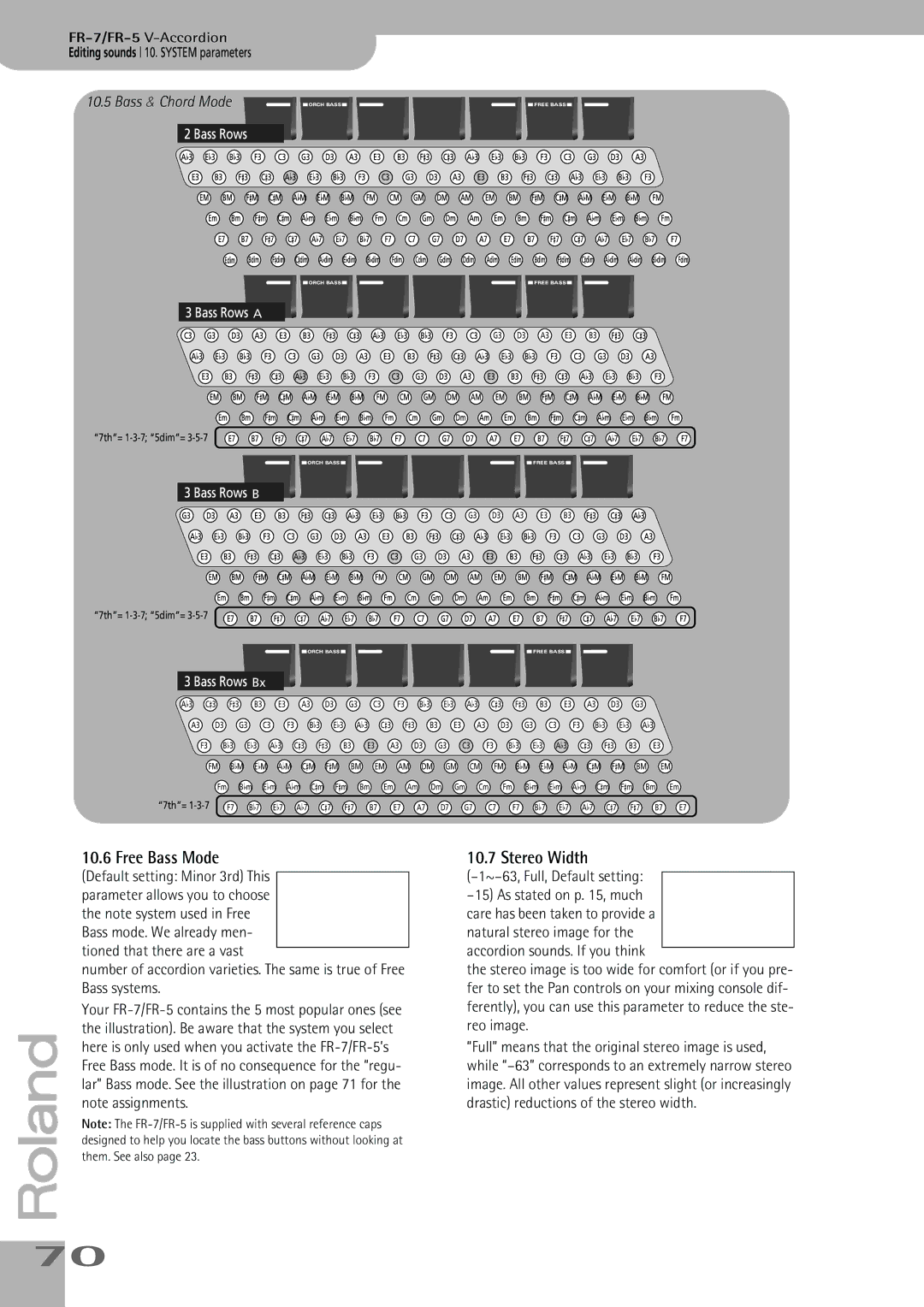 Roland FR-7, FR-5 owner manual Free Bass Mode, Stereo Width 