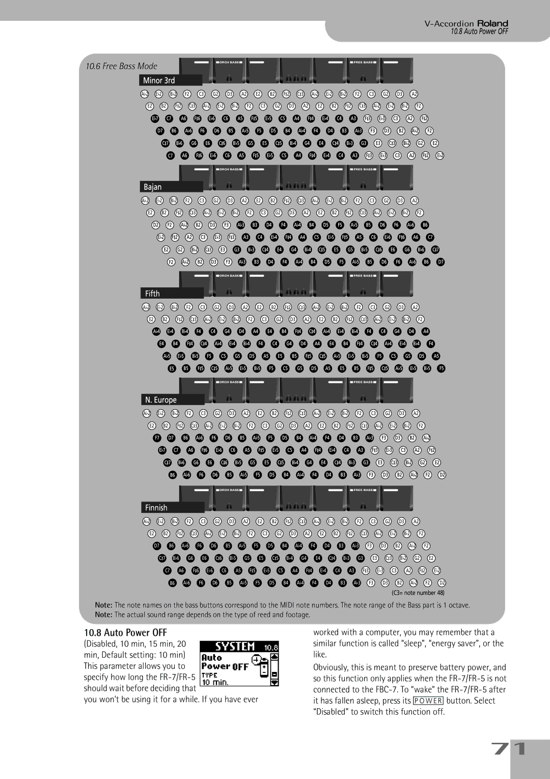 Roland FR-5, FR-7 owner manual Auto Power OFF, Free Bass Mode 