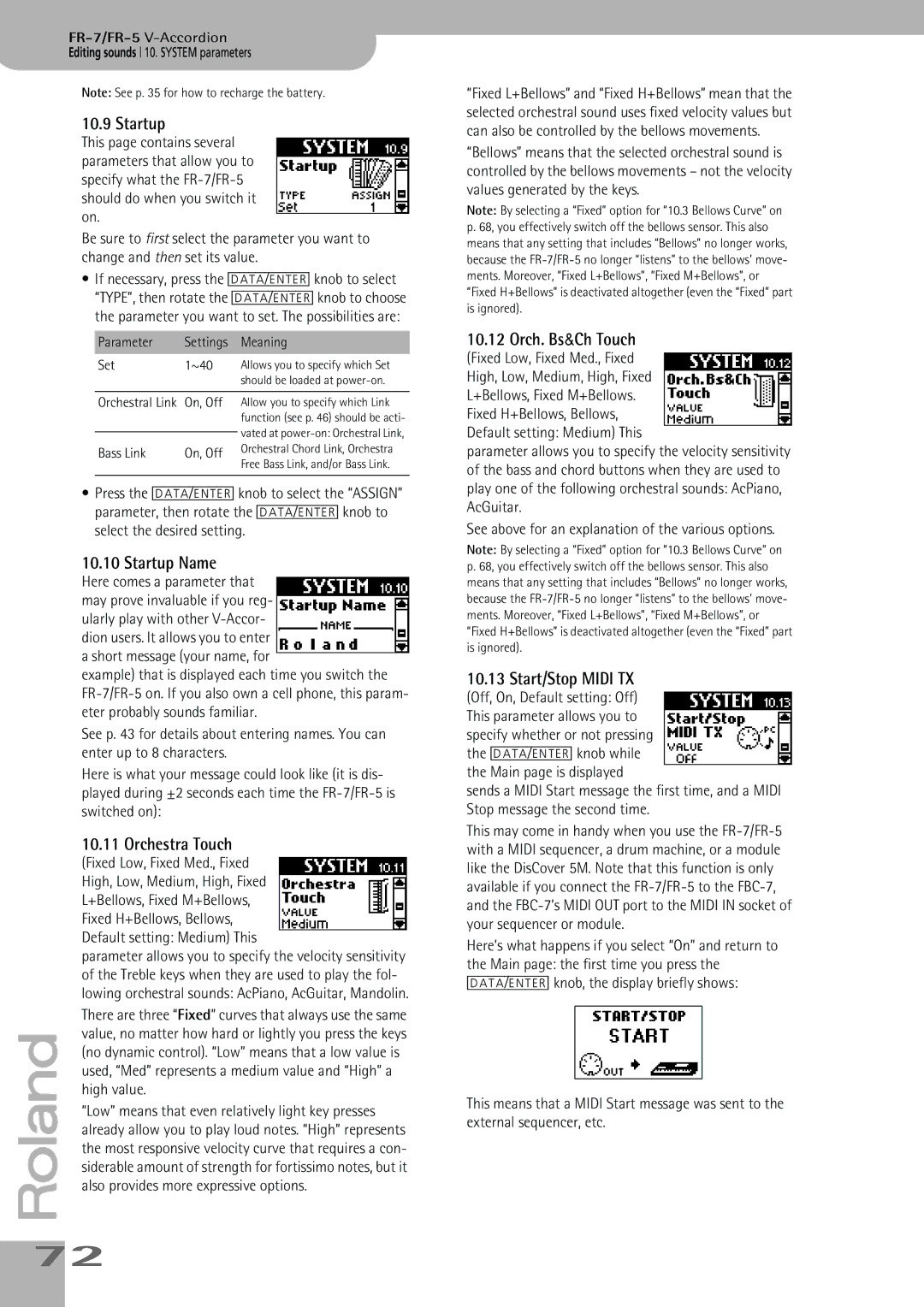 Roland FR-7, FR-5 owner manual Startup Name, Orchestra Touch, Orch. Bs&Ch Touch, Start/Stop Midi TX 