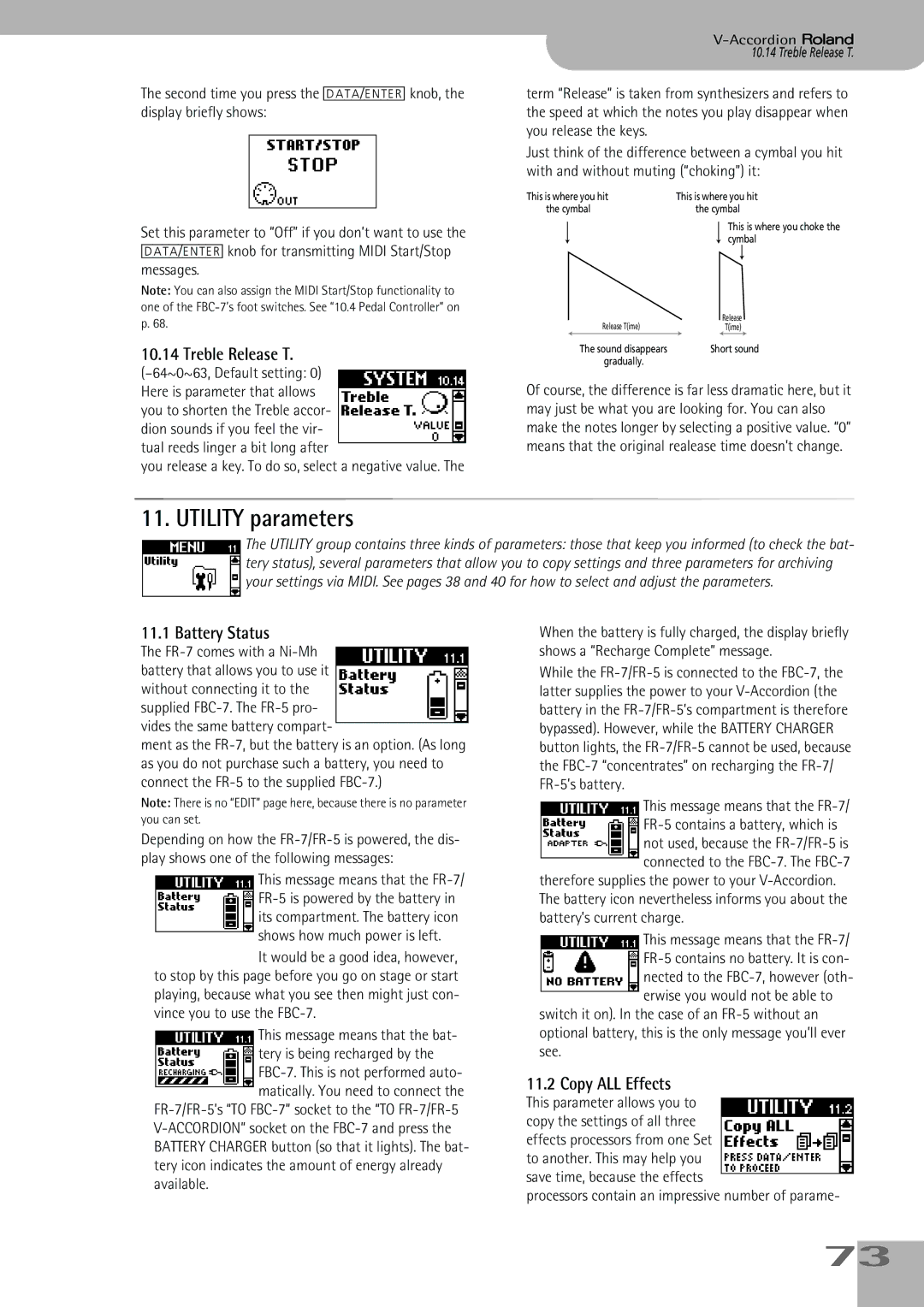 Roland FR-5, FR-7 owner manual Utility parameters, Treble Release T, Battery Status, Copy ALL Effects 