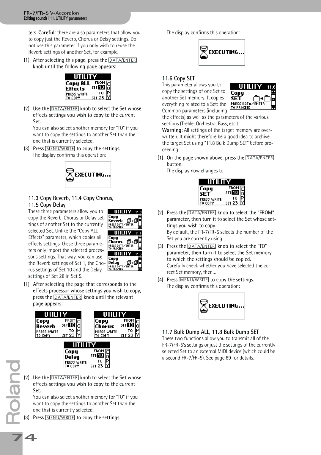 Roland FR-7, FR-5 owner manual Copy Reverb, 11.4 Copy Chorus Copy Delay, Copy SET, Bulk Dump ALL, 11.8 Bulk Dump SET 