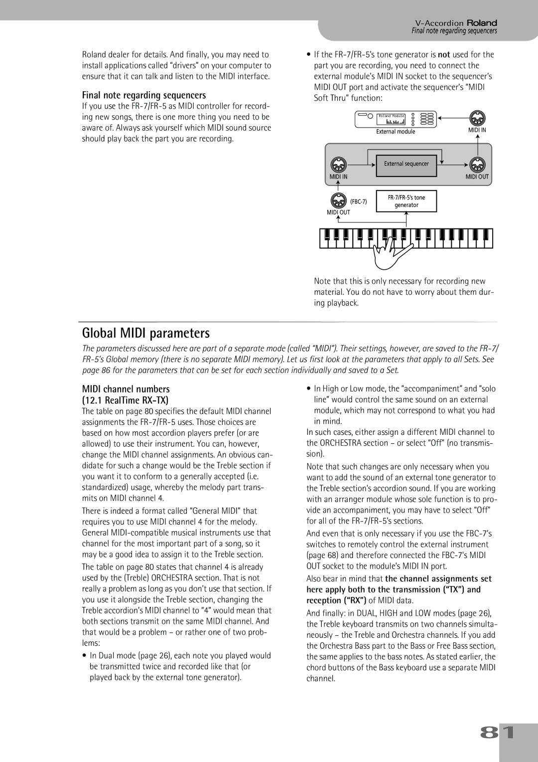 Roland FR-5, FR-7 owner manual Global Midi parameters, Final note regarding sequencers 