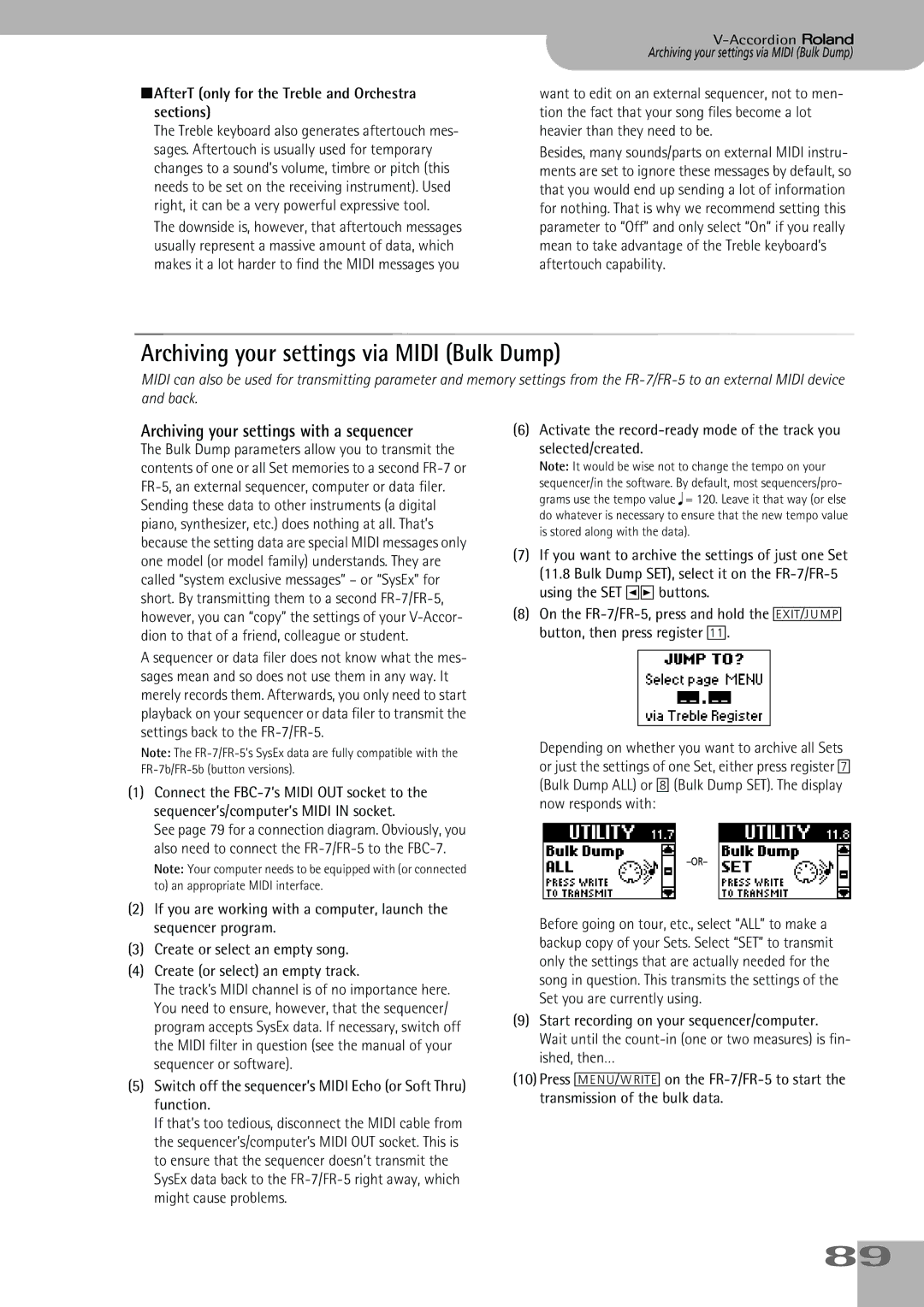 Roland FR-5, FR-7 owner manual Archiving your settings via Midi Bulk Dump, Archiving your settings with a sequencer 