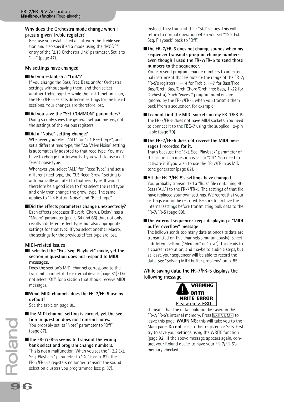 Roland FR-7, FR-5 owner manual My settings have changed, MIDI-related issues 