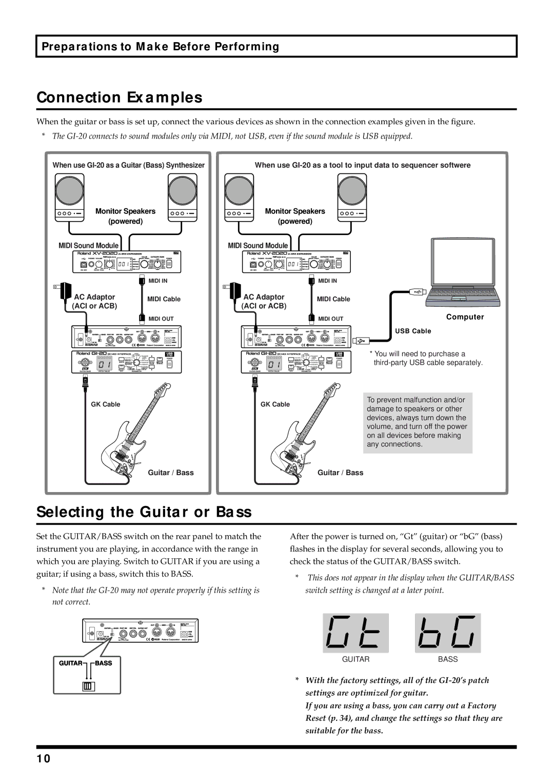 Roland GI-20 owner manual Connection Examples, Selecting the Guitar or Bass, Preparations to Make Before Performing 