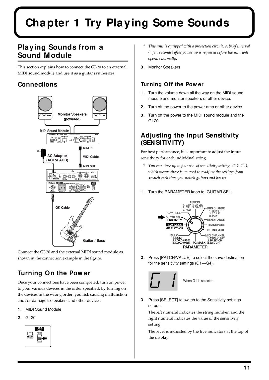 Roland GI-20 Playing Sounds from a Sound Module, Connections, Turning On the Power, Adjusting the Input Sensitivity 