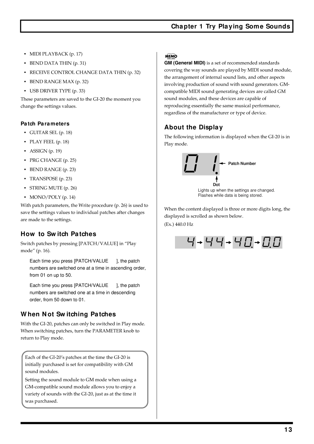 Roland GI-20 owner manual How to Switch Patches, When Not Switching Patches, About the Display, Patch Parameters 