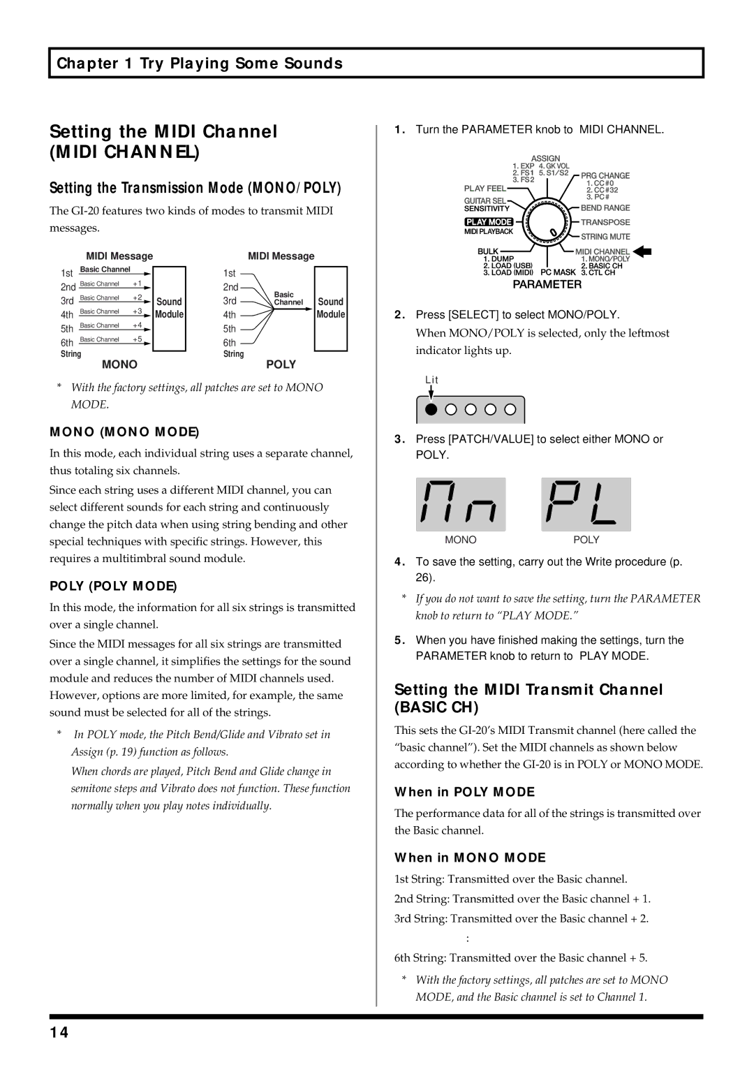 Roland GI-20 Setting the Midi Channel, Setting the Transmission Mode MONO/POLY, Setting the Midi Transmit Channel Basic CH 