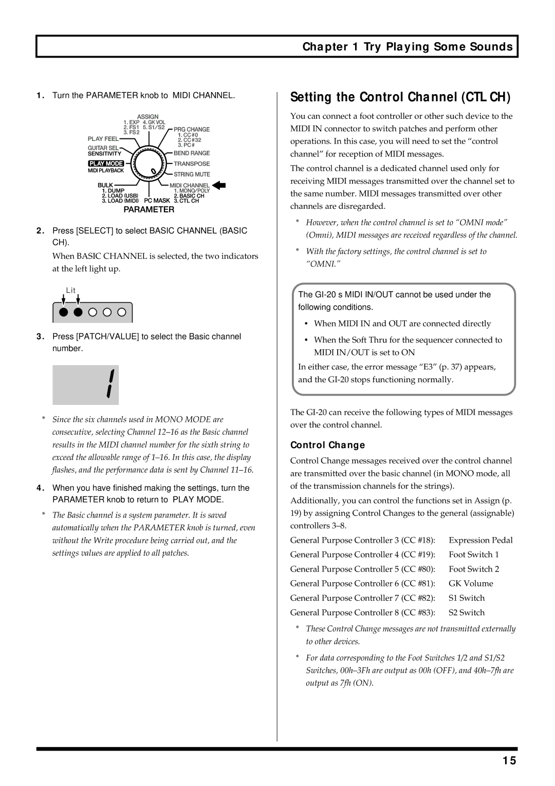 Roland GI-20 Setting the Control Channel CTL CH, Control Change, Press PATCH/VALUE to select the Basic channel number 