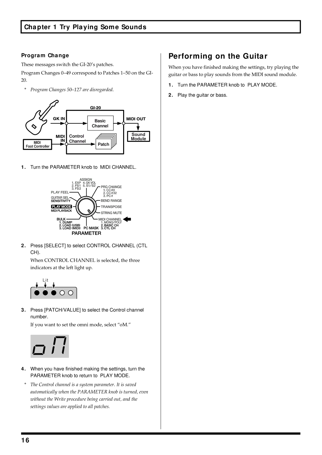 Roland GI-20 owner manual Performing on the Guitar, Program Change, Press PATCH/VALUE to select the Control channel number 