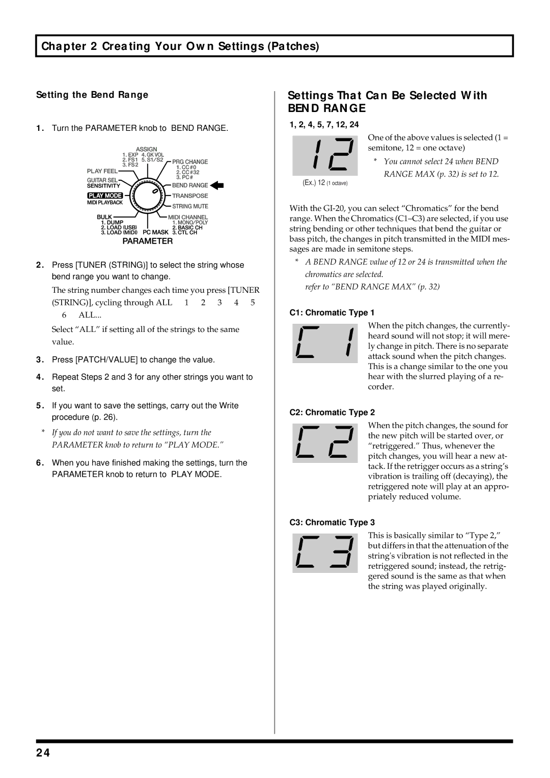 Roland GI-20 owner manual Settings That Can Be Selected With, Setting the Bend Range 