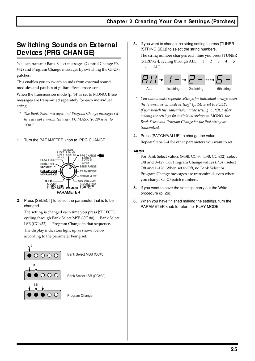 Roland GI-20 owner manual Switching Sounds on External Devices PRG Change, Press PATCH/VALUE to change the value 