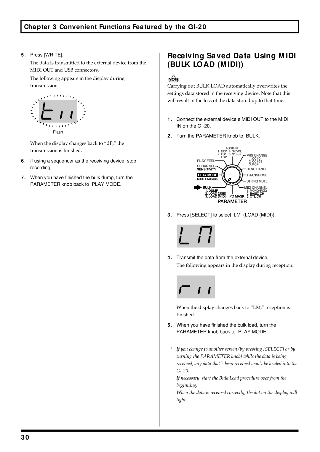 Roland GI-20 owner manual Receiving Saved Data Using Midi Bulk Load Midi, Press Write 