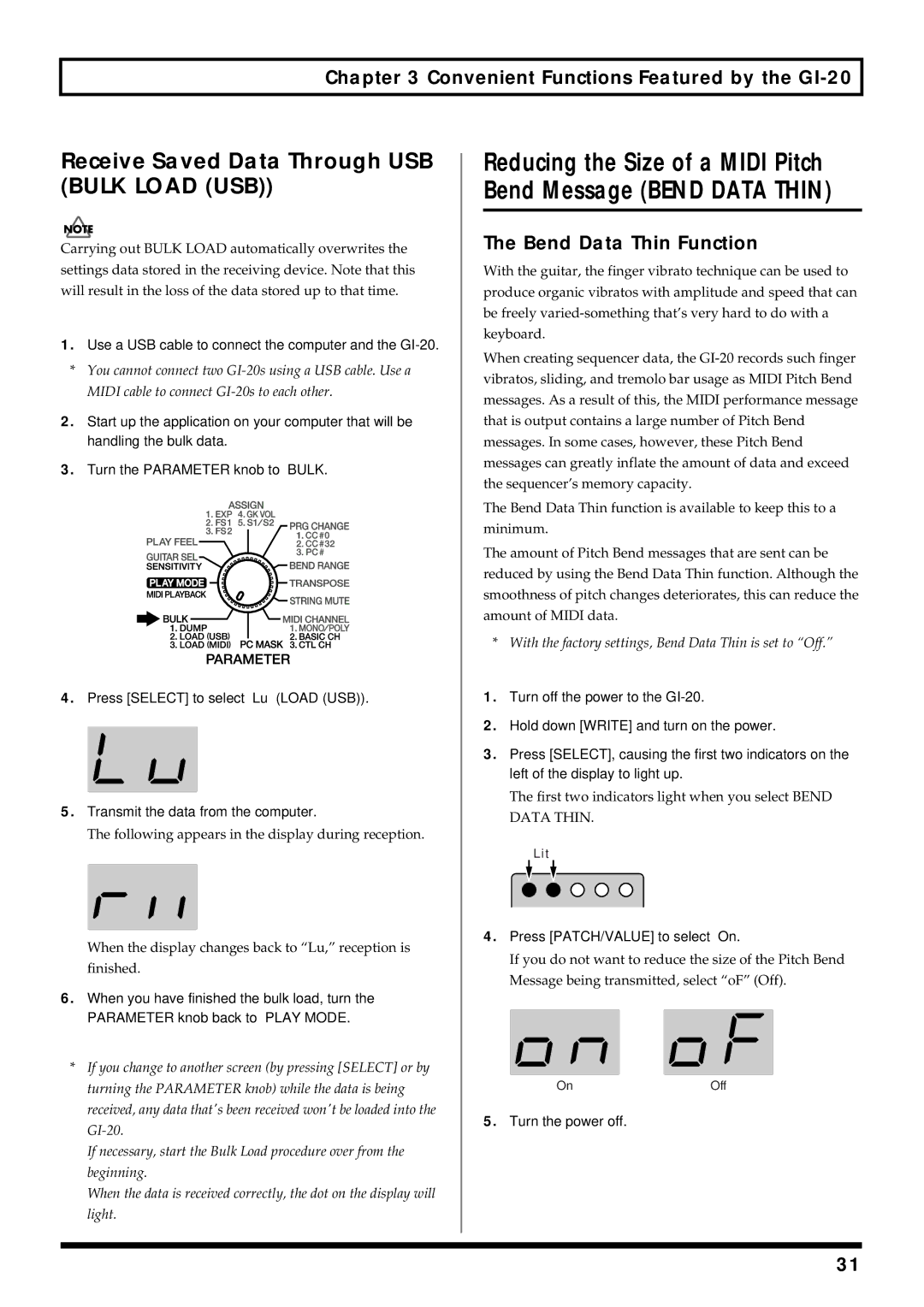 Roland GI-20 Receive Saved Data Through USB Bulk Load USB, Bend Data Thin Function, Press PATCH/VALUE to select On 