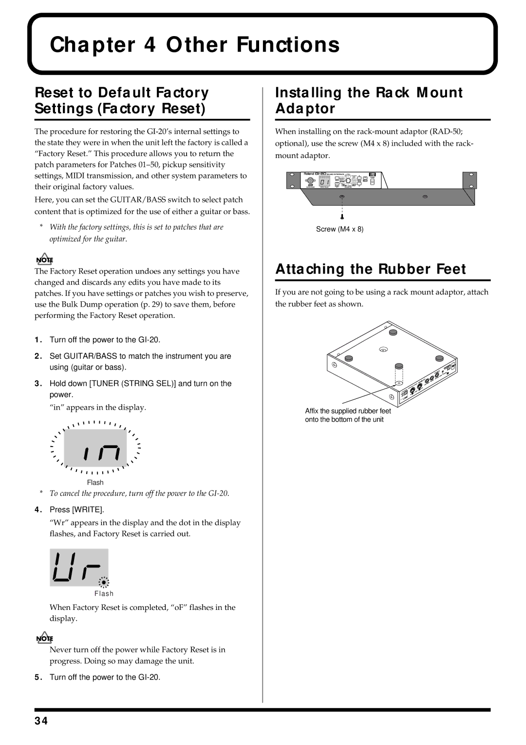 Roland GI-20 Reset to Default Factory Settings Factory Reset, Installing the Rack Mount Adaptor, Attaching the Rubber Feet 