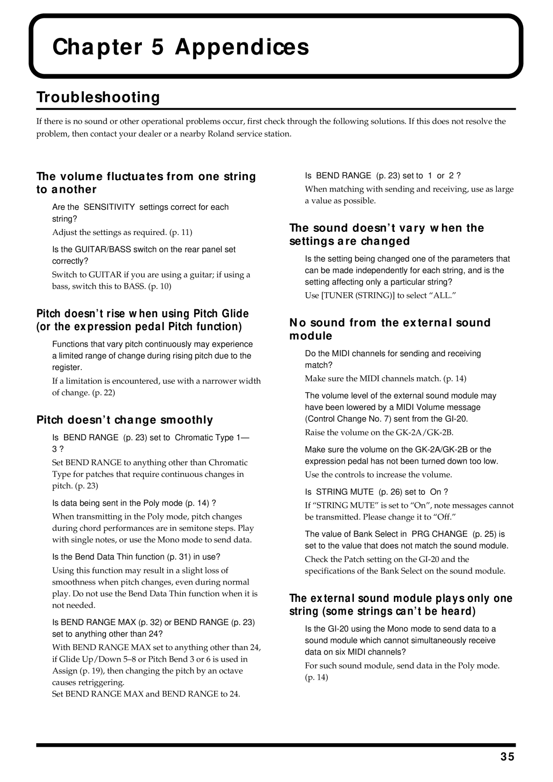 Roland GI-20 owner manual Troubleshooting, Volume fluctuates from one string to another, Pitch doesn’t change smoothly 