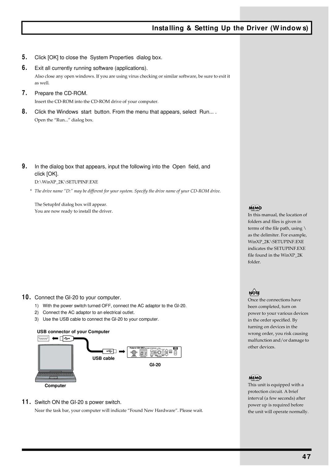 Roland owner manual Installing & Setting Up the Driver Windows, Prepare the CD-ROM, Connect the GI-20 to your computer 