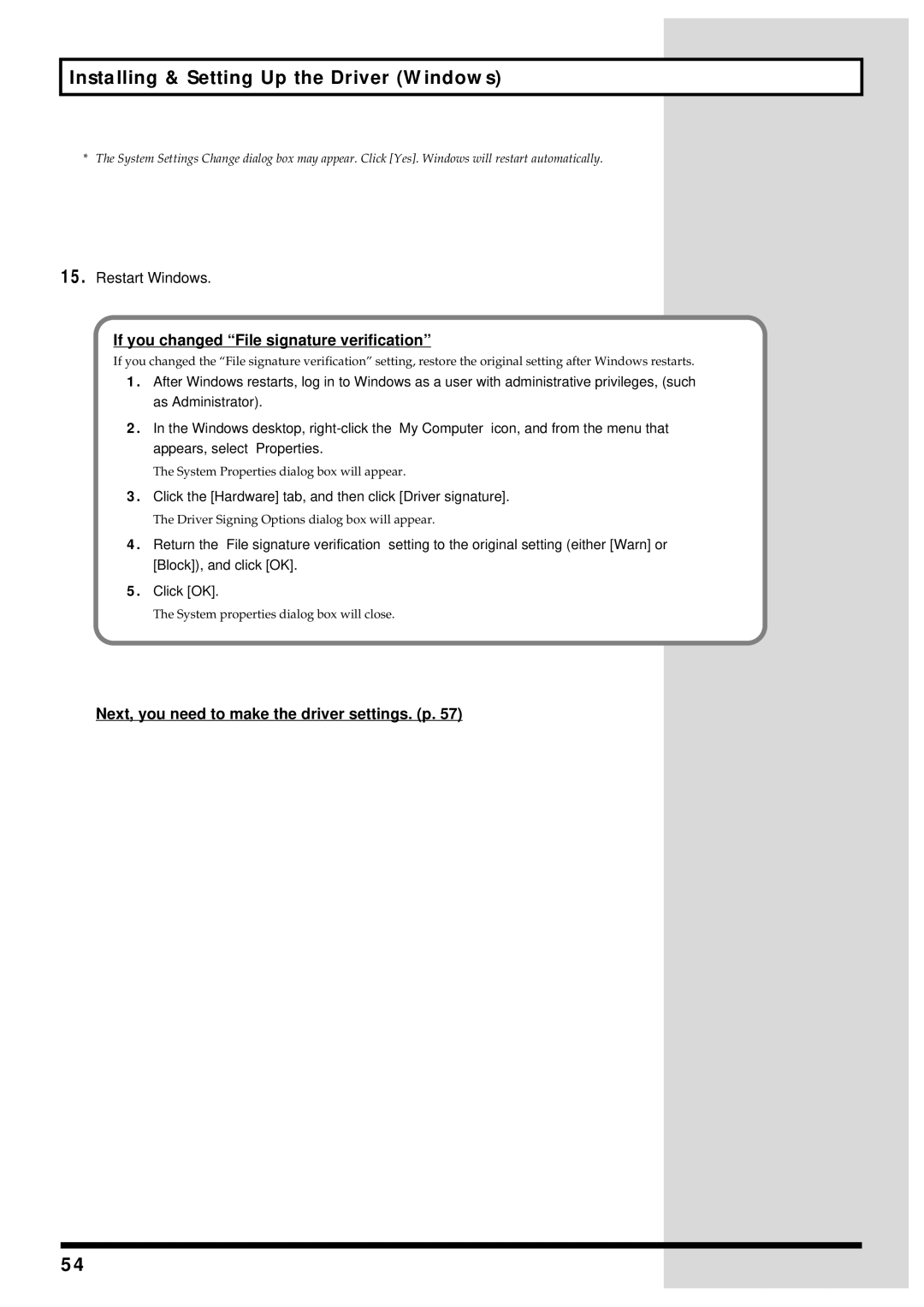 Roland GI-20 owner manual Restart Windows, If you changed File signature verification 