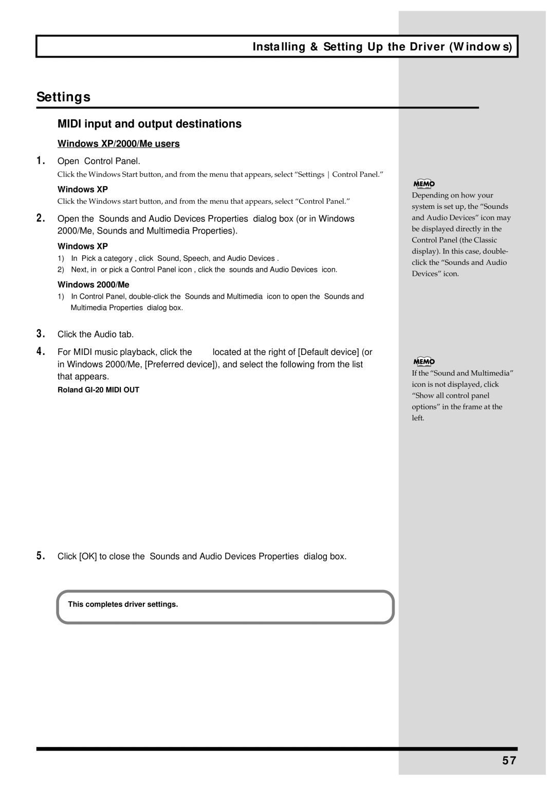 Roland GI-20 owner manual Settings, Open Control Panel, Windows XP 