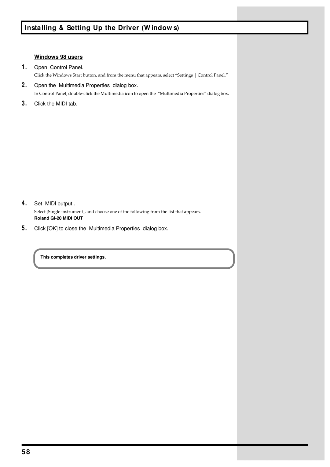 Roland GI-20 owner manual Windows 98 users, Open the Multimedia Properties dialog box, Click the Midi tab, Set Midi output 