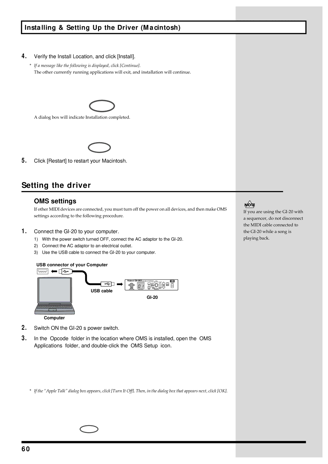 Roland GI-20 Setting the driver, Installing & Setting Up the Driver Macintosh, Click Restart to restart your Macintosh 