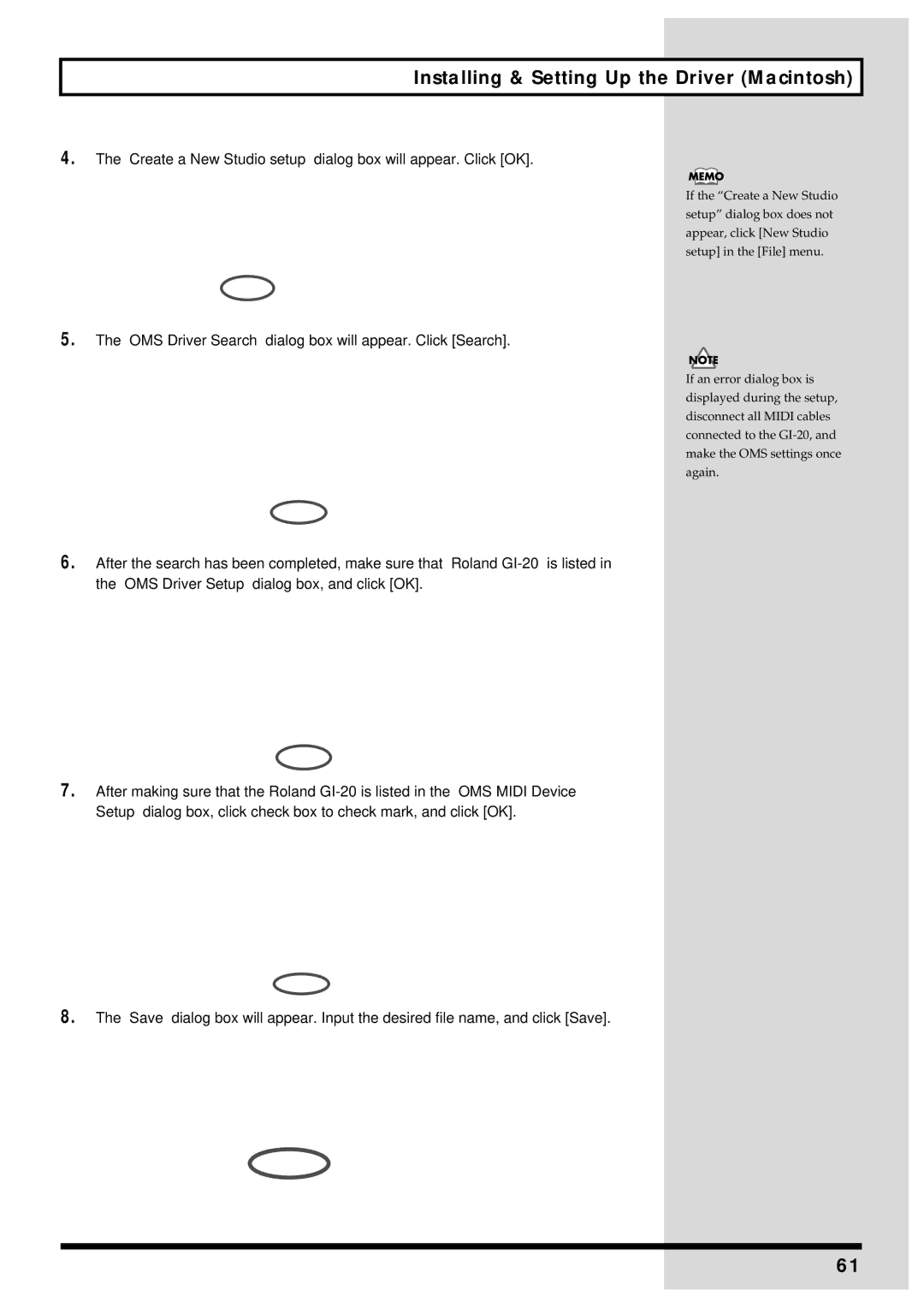 Roland GI-20 owner manual Create a New Studio setup dialog box will appear. Click OK 