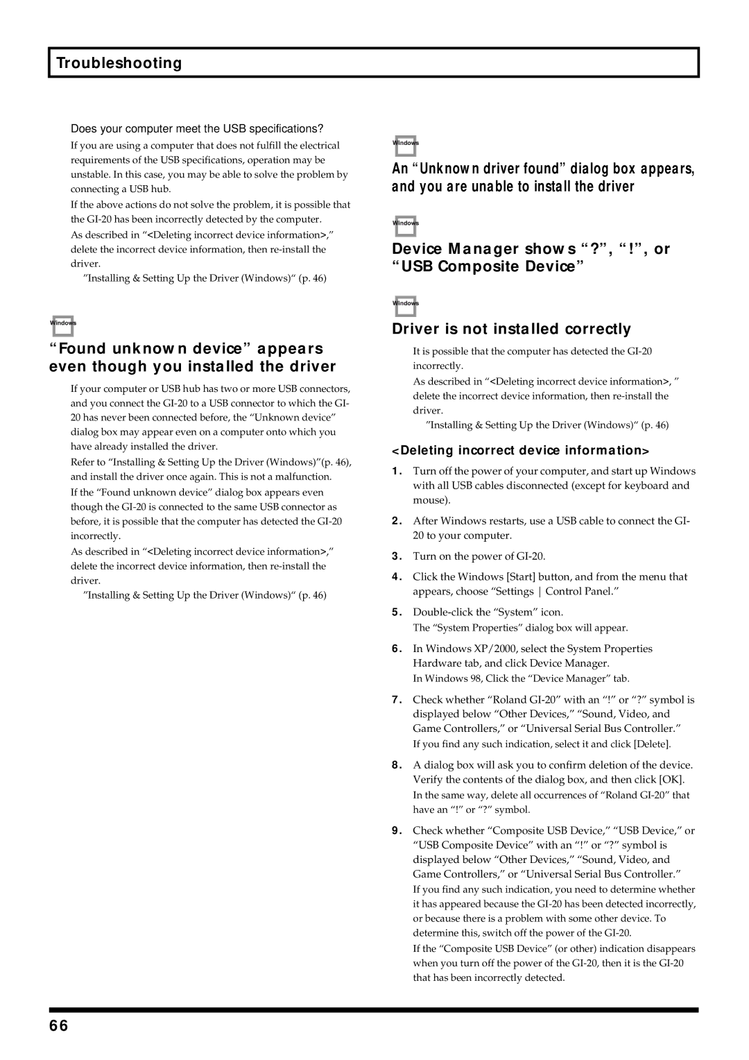 Roland GI-20 Troubleshooting, Deleting incorrect device information, Does your computer meet the USB specifications? 