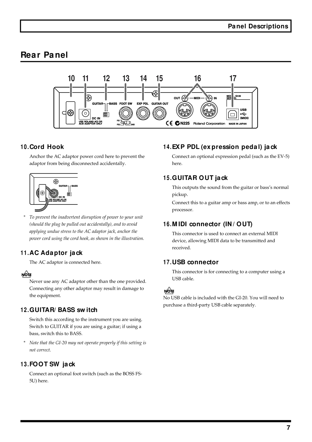 Roland GI-20 owner manual Rear Panel 