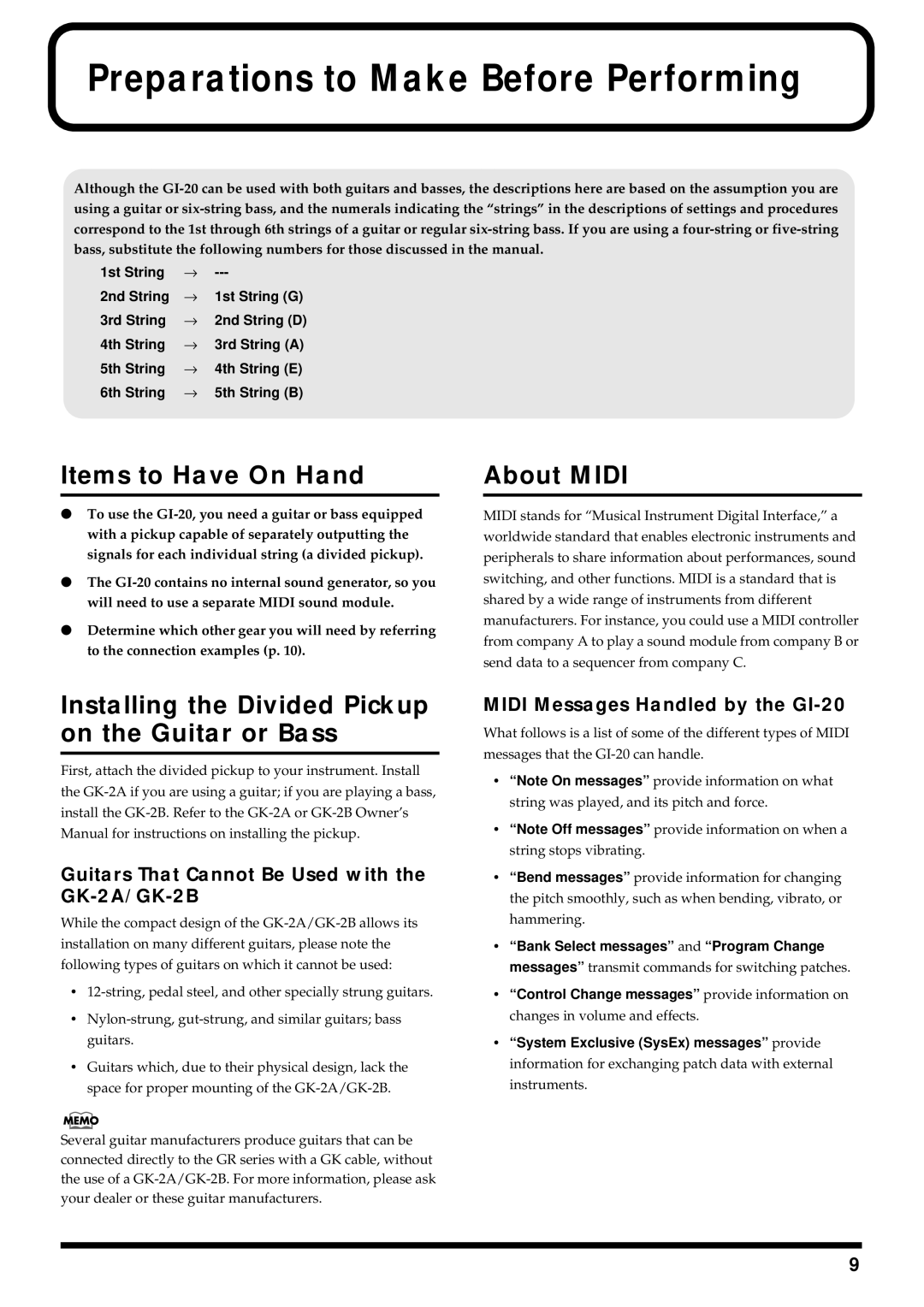 Roland GI-20 owner manual Items to Have On Hand, Installing the Divided Pickup on the Guitar or Bass, About Midi 