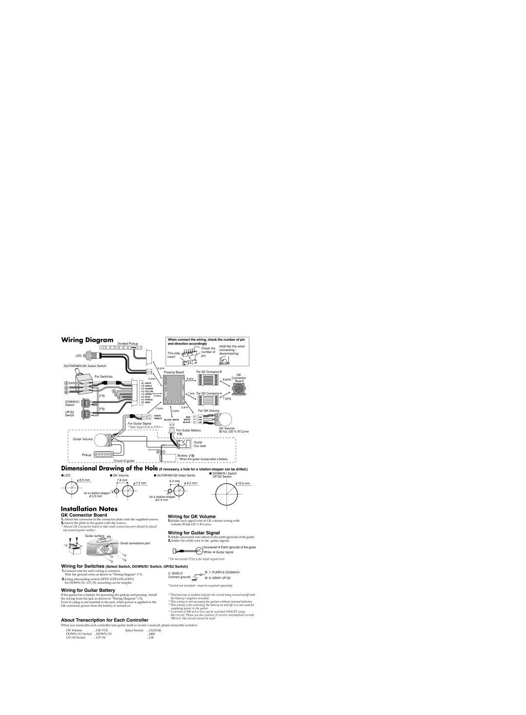 Roland GK-KIT-GT3 dimensions Wiring Diagram, Installation Notes 