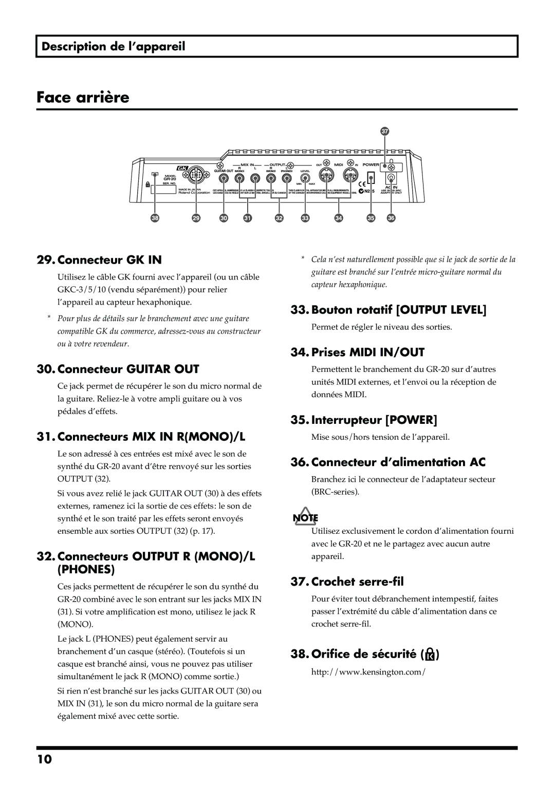 Roland GR-20 manual Face arrière, Connecteur GK 