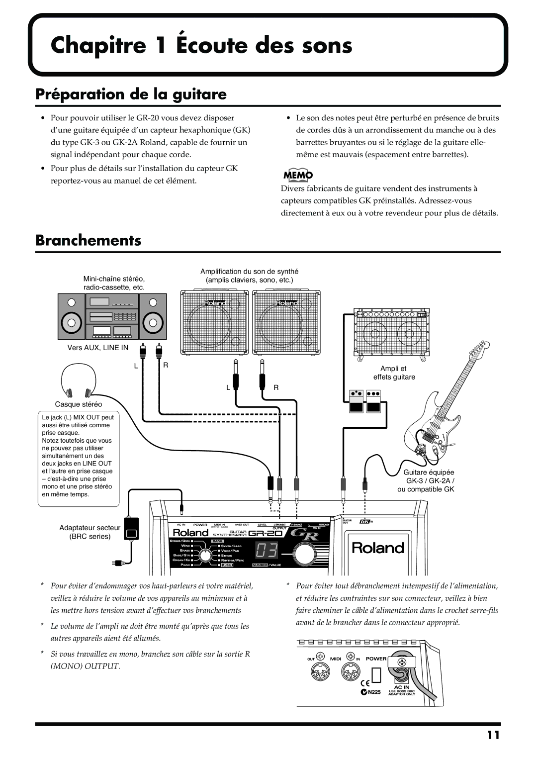 Roland GR-20 manual Préparation de la guitare, Branchements 