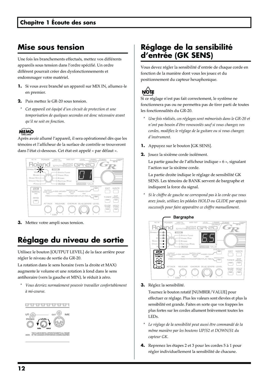 Roland GR-20 manual Mise sous tension, Réglage du niveau de sortie, Réglage de la sensibilité d’entrée GK Sens 