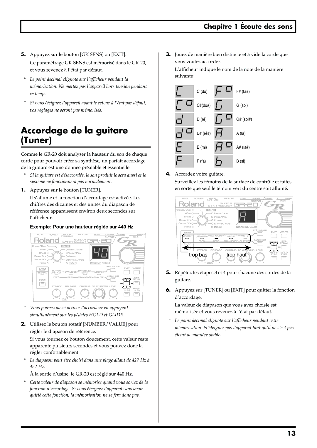 Roland GR-20 manual Accordage de la guitare Tuner, Exemple Pour une hauteur réglée sur 440 Hz 