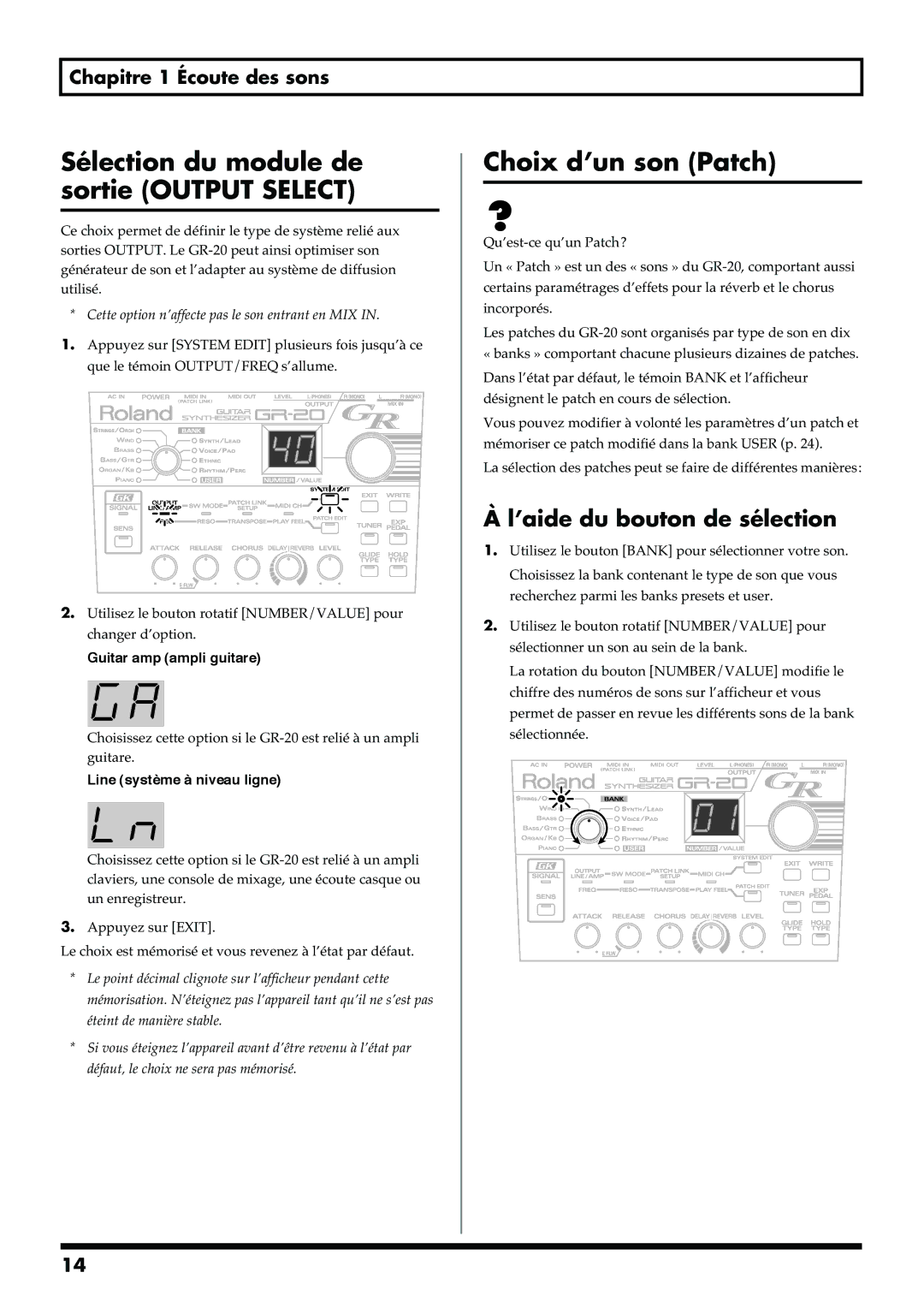 Roland GR-20 manual Sélection du module de sortie Output Select, Choix d’un son Patch, ’aide du bouton de sélection 