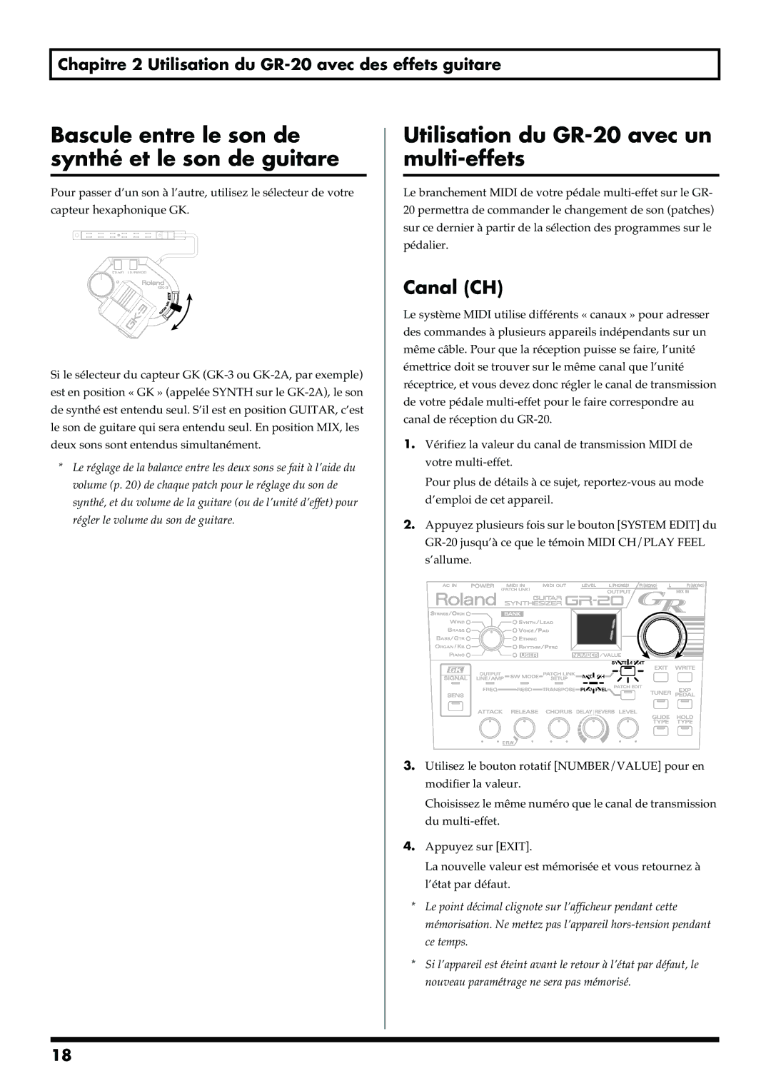 Roland manual Bascule entre le son de synthé et le son de guitare, Utilisation du GR-20 avec un multi-effets, Canal CH 