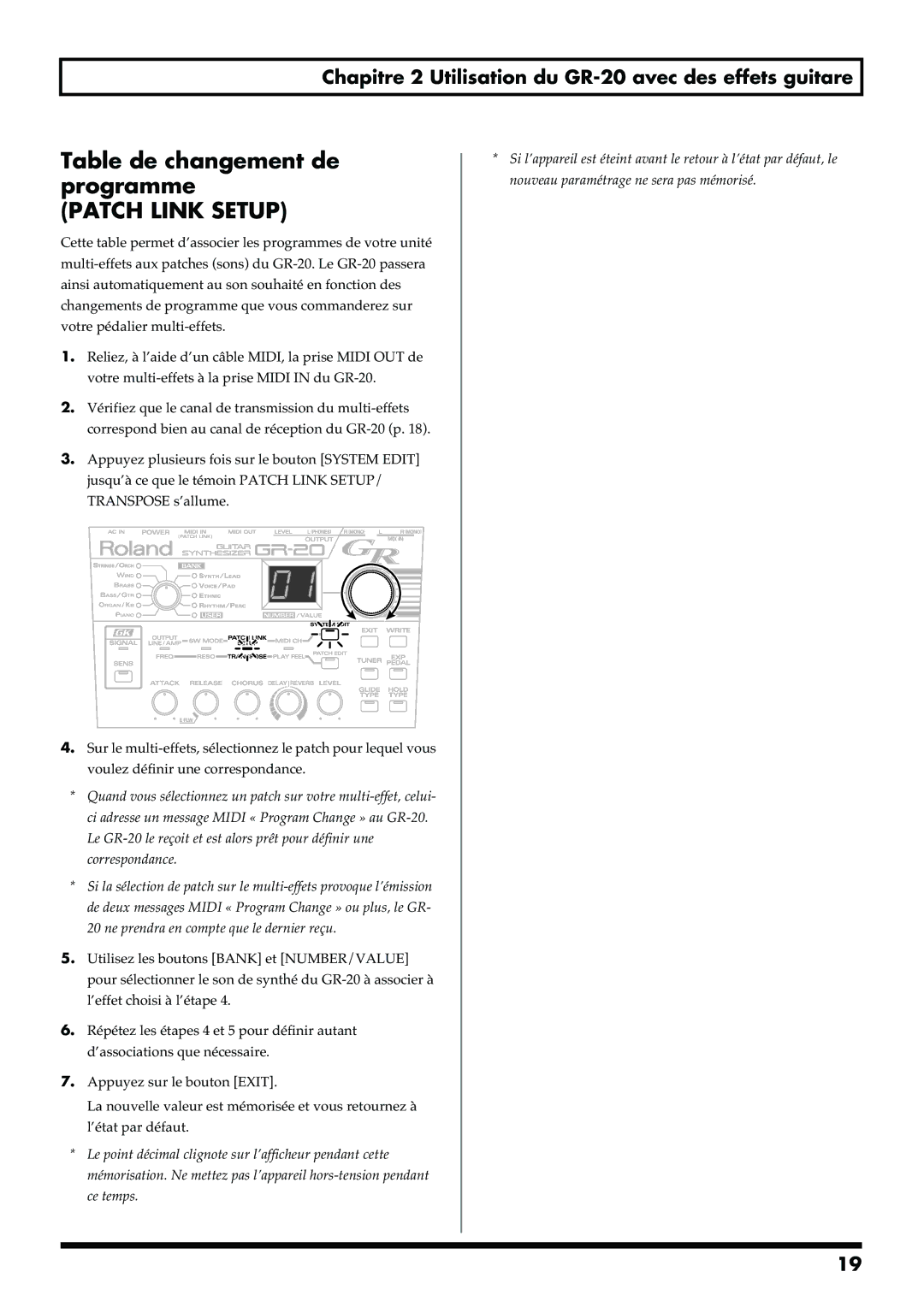 Roland GR-20 manual Table de changement de programme, Patch Link Setup 