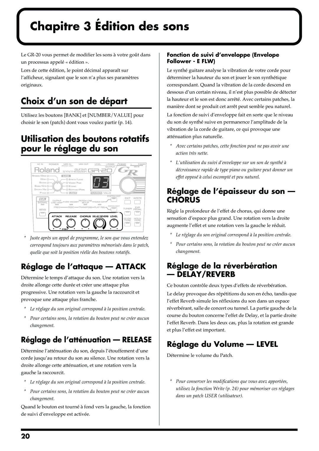 Roland GR-20 manual Choix d’un son de départ, Utilisation des boutons rotatifs pour le réglage du son 