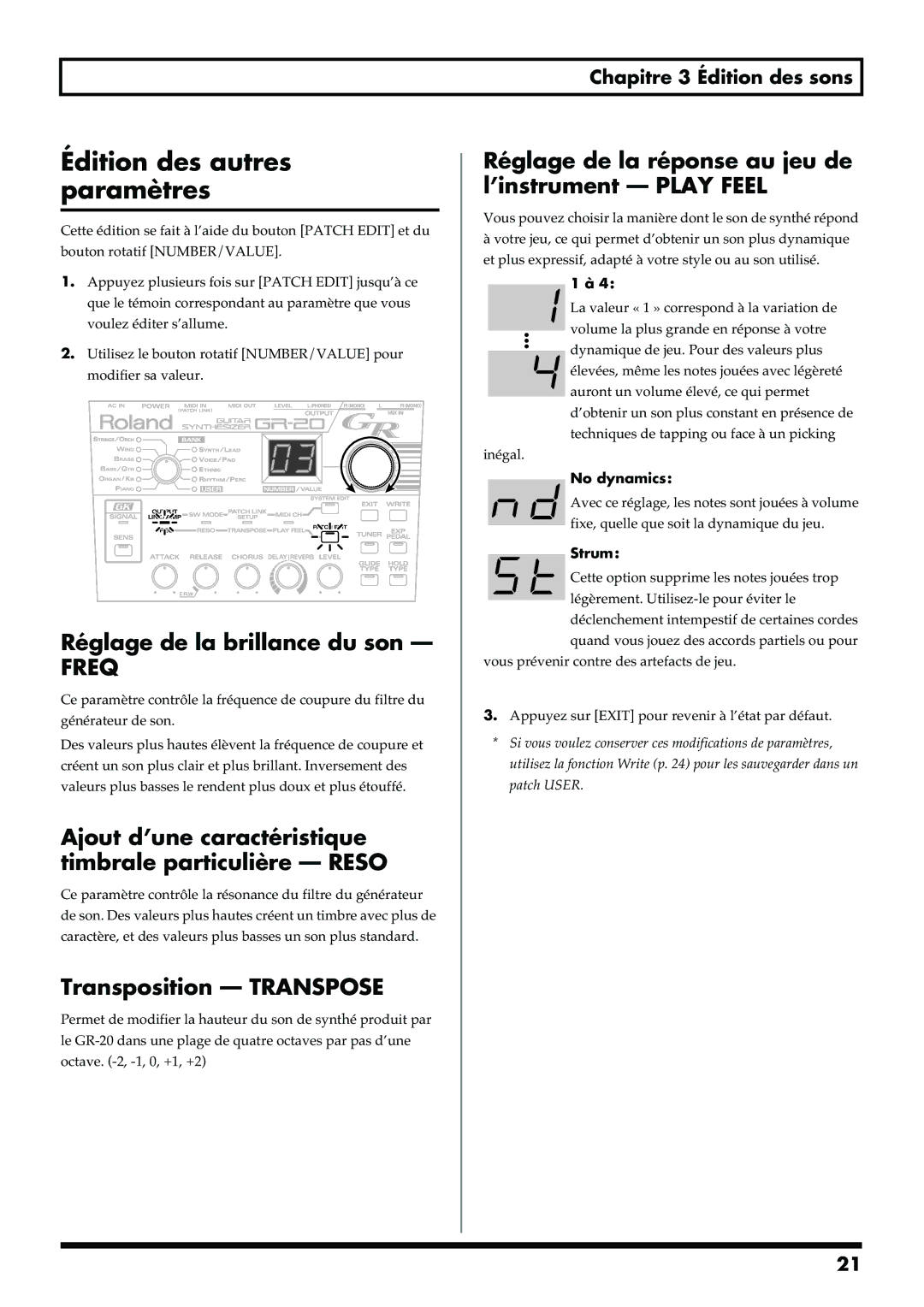 Roland GR-20 manual Édition des autres paramètres, Réglage de la brillance du son, Transposition Transpose 