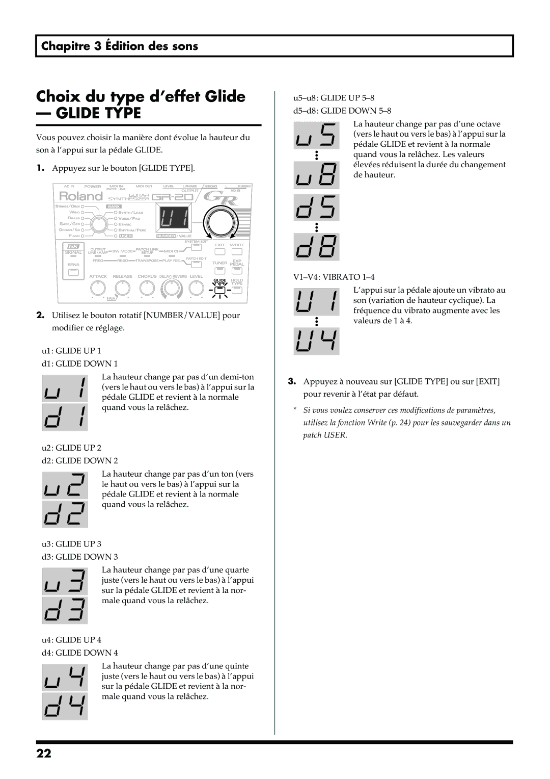 Roland GR-20 manual Choix du type d’effet Glide, Glide Type 