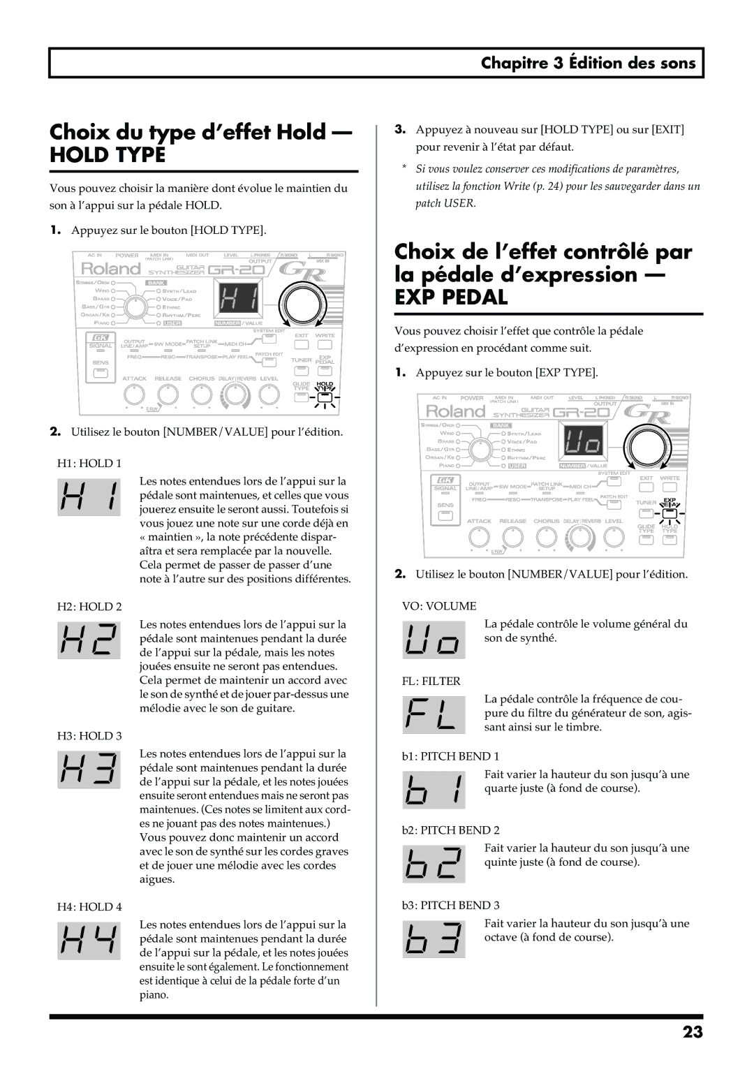 Roland GR-20 manual Choix du type d’effet Hold, Choix de l’effet contrôlé par la pédale d’expression 