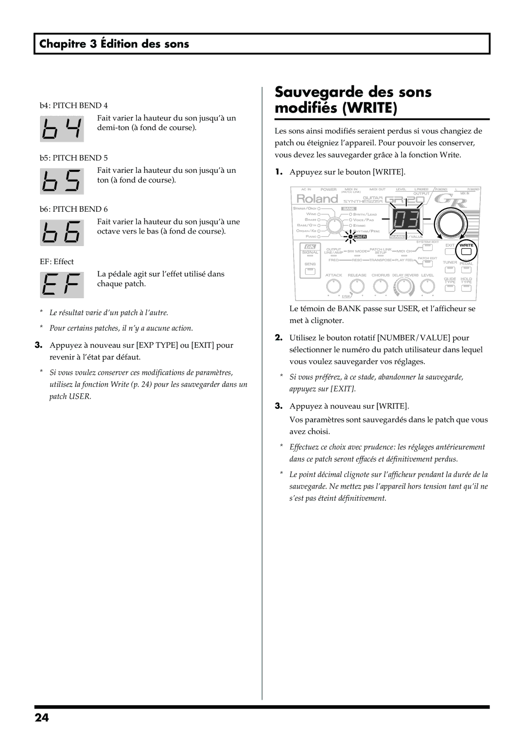 Roland GR-20 manual Sauvegarde des sons modifiés Write 