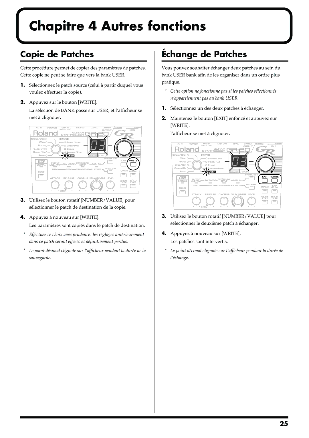 Roland GR-20 manual Copie de Patches, Échange de Patches 