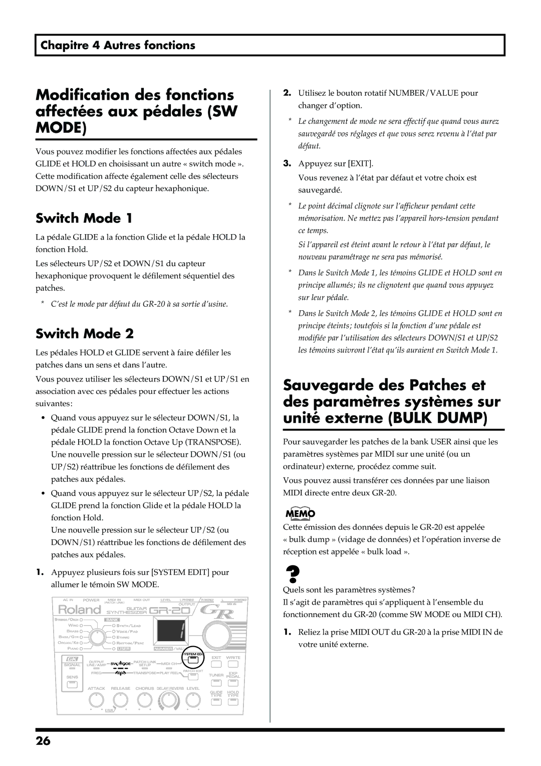 Roland GR-20 manual Modification des fonctions affectées aux pédales SW Mode, Switch Mode 