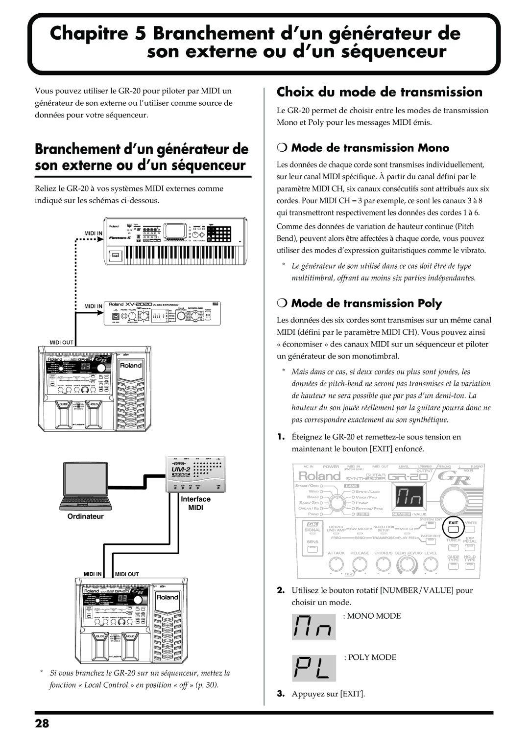 Roland GR-20 manual Choix du mode de transmission, Mode de transmission Mono 