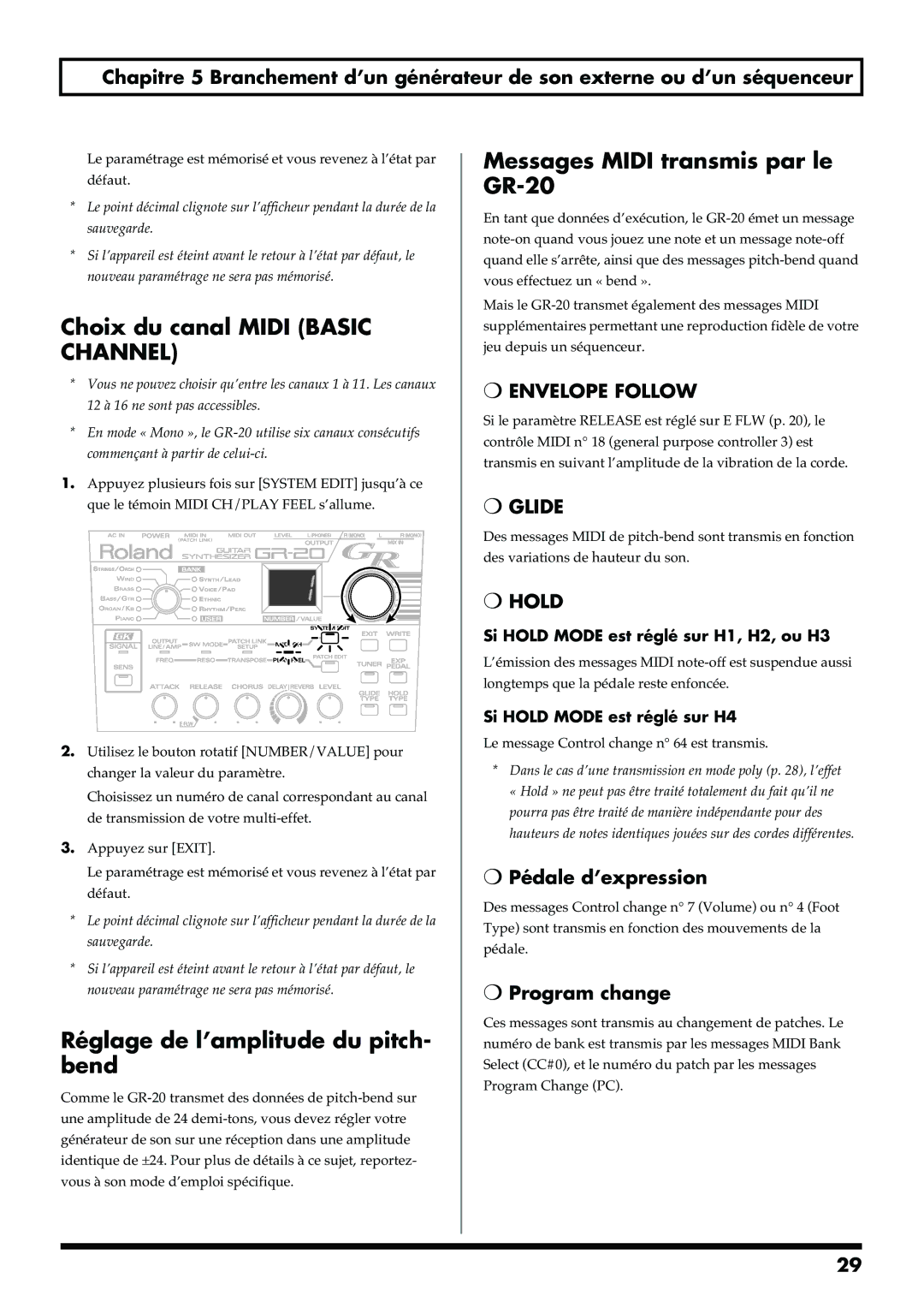 Roland Choix du canal Midi Basic Channel, Réglage de l’amplitude du pitch- bend, Messages Midi transmis par le GR-20 