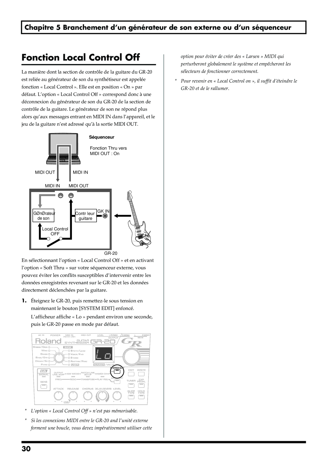 Roland GR-20 manual Fonction Local Control Off, Séquenceur 