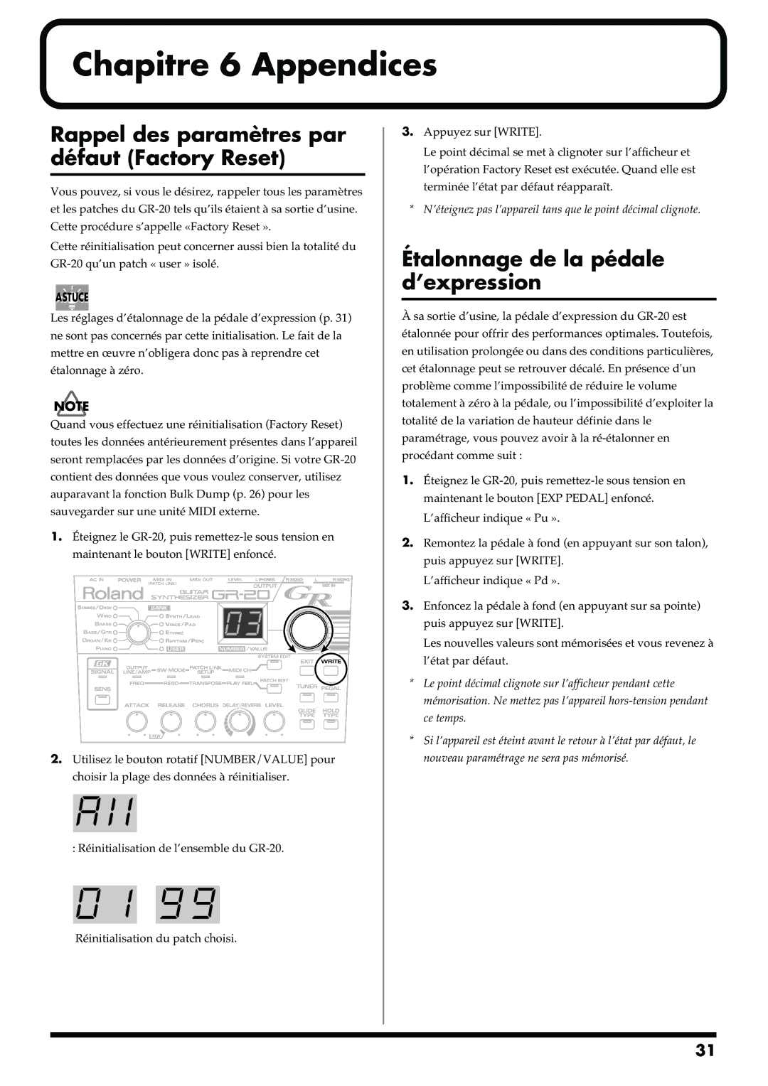 Roland GR-20 manual Rappel des paramètres par défaut Factory Reset, Étalonnage de la pédale d’expression 